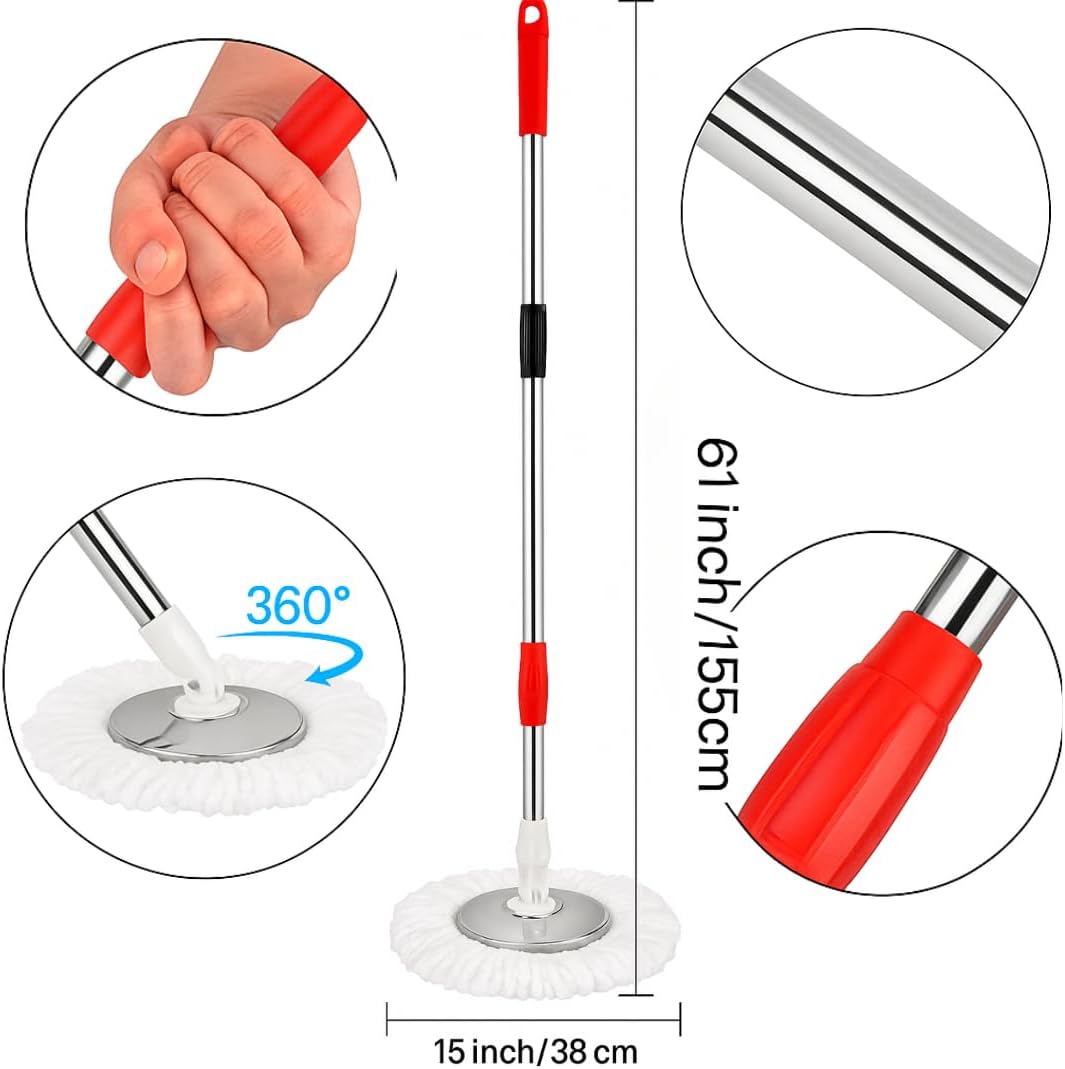 Spin Mop and Bucket with Wringer Set, 360° Rotating Mop System for Hardwood, Tile, Laminate Floors, Adjustable Stainless Steel Handle with 3 Machine Washable Mop Heads (Black)