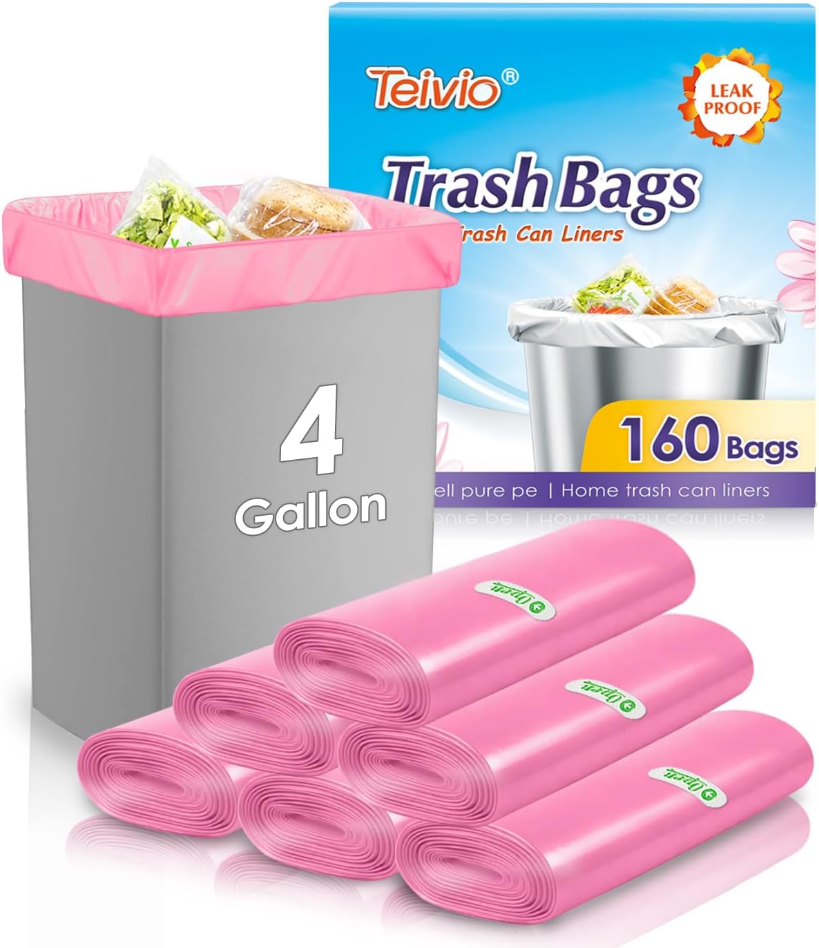 Teivio Small Trash Bags 4 Gallon 120 Counts Garbage Bags, Bathroom Trash Can Bin Liners, Small Plastic Bags for home office kitchen, fit 12-15 Liter, 3,3.5,4.5 Gal, Clear