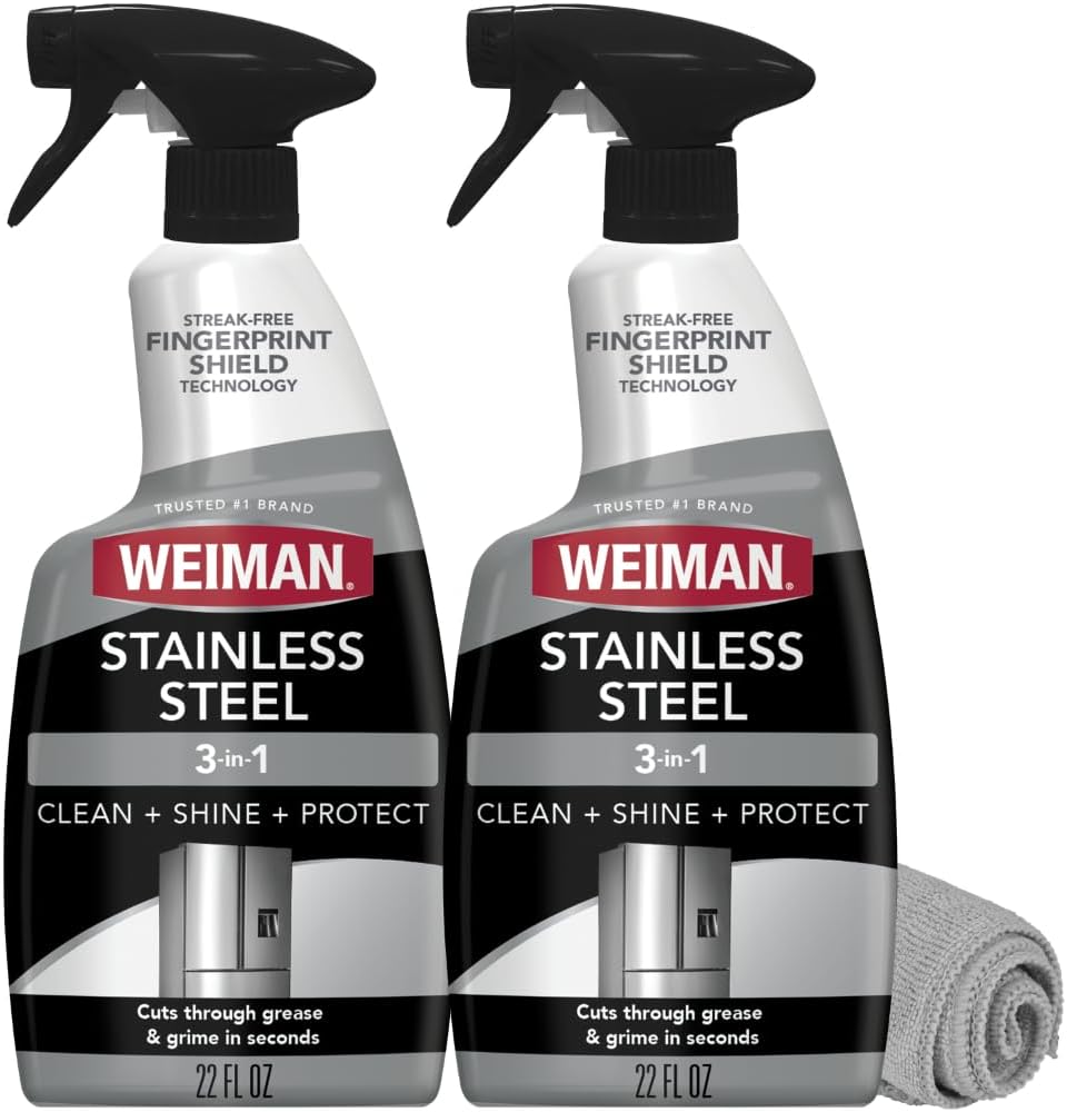 Weiman Stainless Steel Cleaner & Polish, 2 Pack, Anti Fingerprint Spray Stainless Steel Cloth, Water Spots & Grease, No Streaks or Residue, Safe for Metal Polish, Chrome, Appliances, Sinks & Grills