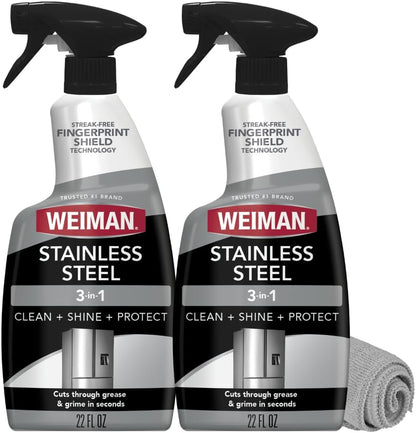 Weiman Stainless Steel Cleaner & Polish, 2 Pack, Anti Fingerprint Spray Stainless Steel Cloth, Water Spots & Grease, No Streaks or Residue, Safe for Metal Polish, Chrome, Appliances, Sinks & Grills