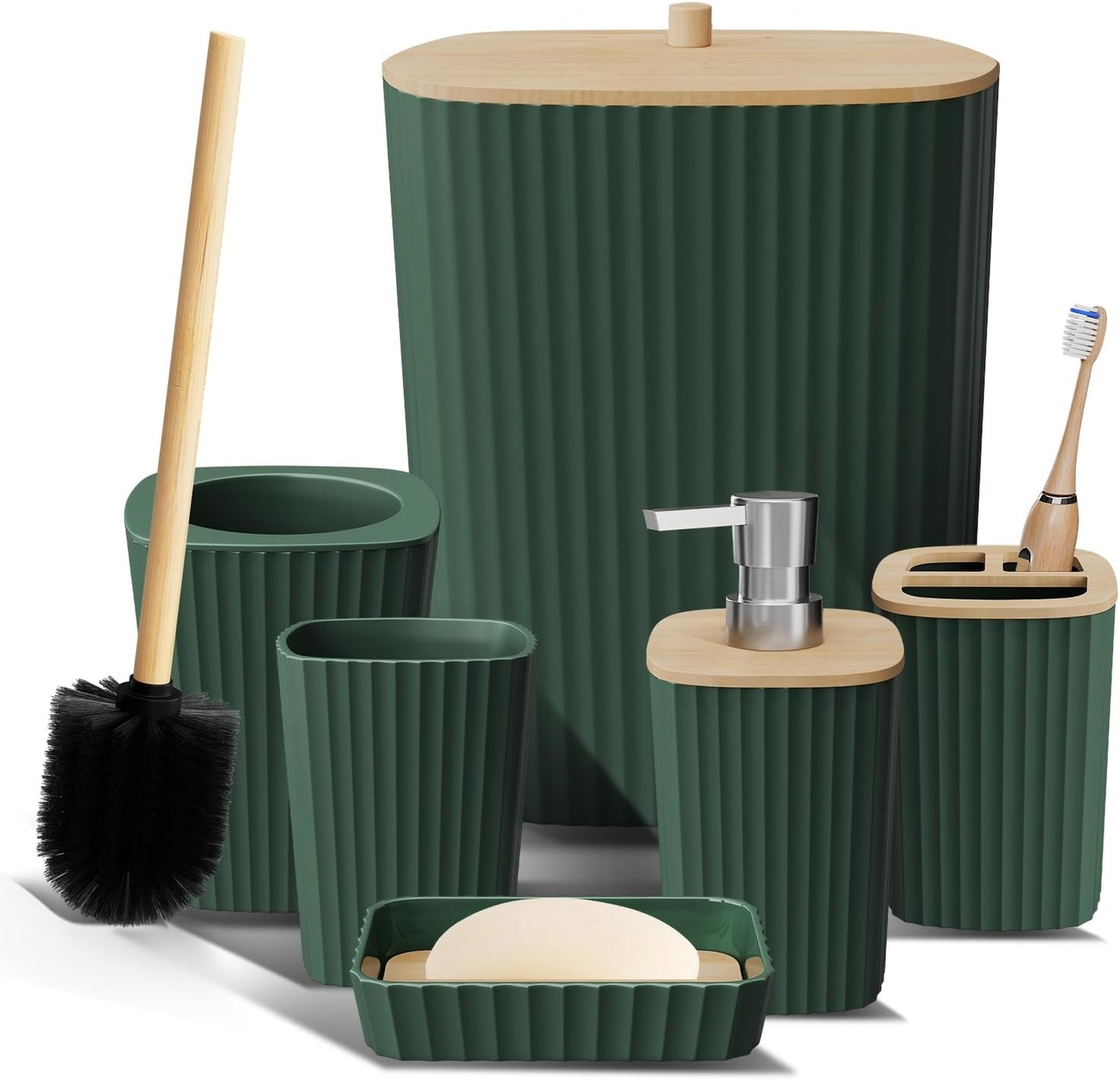 Clara Clark Bathroom Set - Sage Green Bathroom Accessories Set, 6PC Bathroom Accessory Set, Bathroom Sets with Toilet Brush, Trash Can & Soap Dispenser