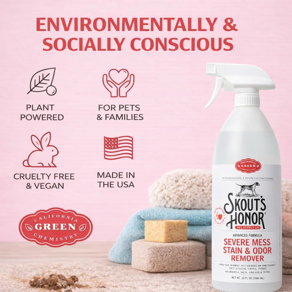 SKOUT'S HONOR Severe Mess Stain & Odor Eliminator, Powerful Stain Remover and Carpet Cleaner for Tough Dog Messes, Eco-Friendly Carpet Deodorizer, Cleaning Spray and Poop Spray, 35 oz