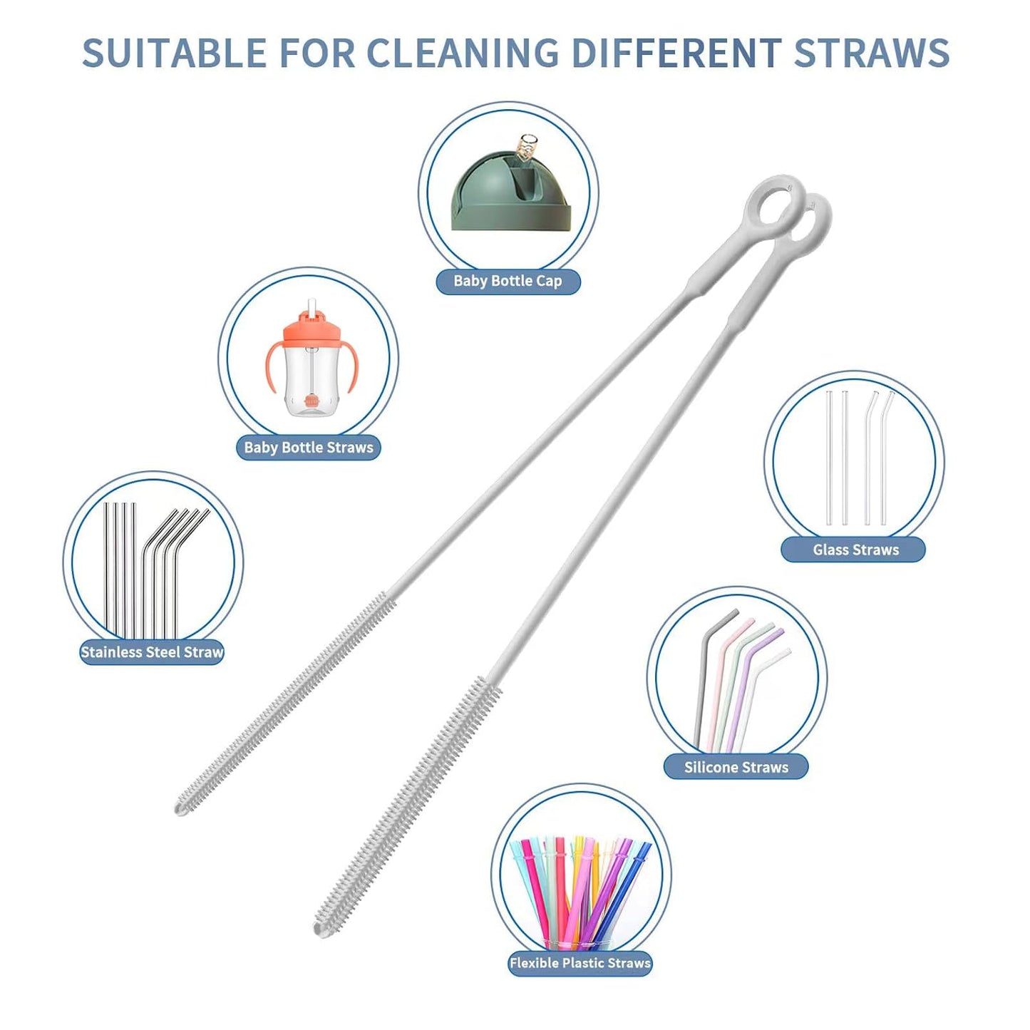 Reusable Silicone Straw Cleaner Brush Set, 2-Pack Extra Long Straw Cleaning Brush for Metal Glass Water Bottle Drinking Straws, Flexible&Bendable Design, Dishwasher Safe, 6mm & 8mm Diameter