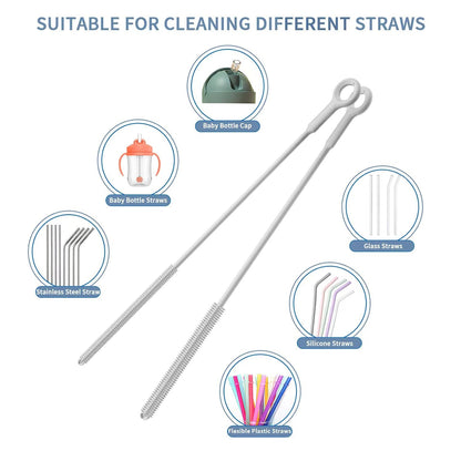 Reusable Silicone Straw Cleaner Brush Set, 2-Pack Extra Long Straw Cleaning Brush for Metal Glass Water Bottle Drinking Straws, Flexible&Bendable Design, Dishwasher Safe, 6mm & 8mm Diameter