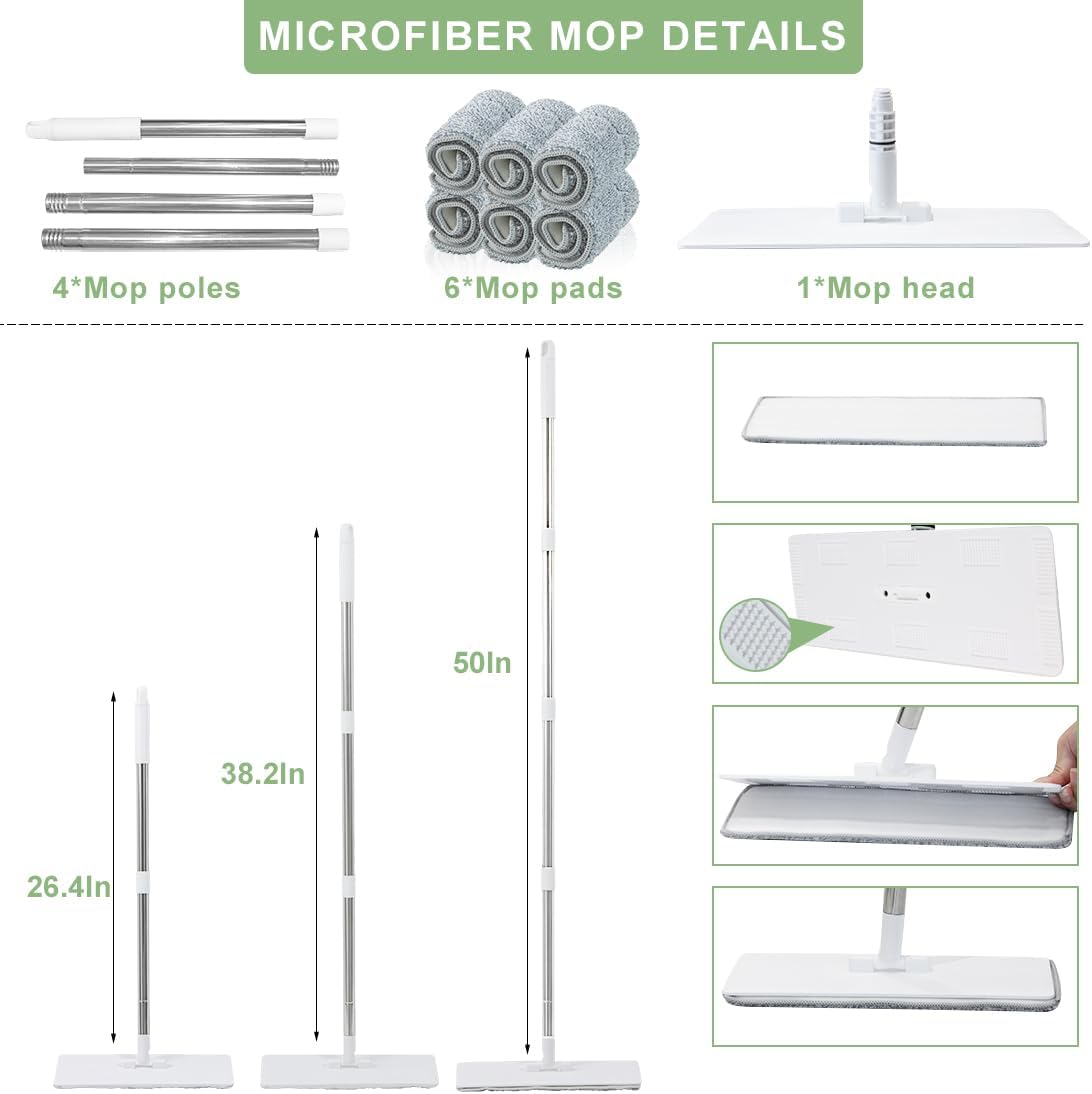 CQT Self-Wringing Mop and Bucket Set for Home Long Handle Flat Mop with 4 Washable Microfiber Pads