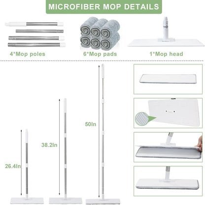 CQT Self-Wringing Mop and Bucket Set for Home Long Handle Flat Mop with 4 Washable Microfiber Pads