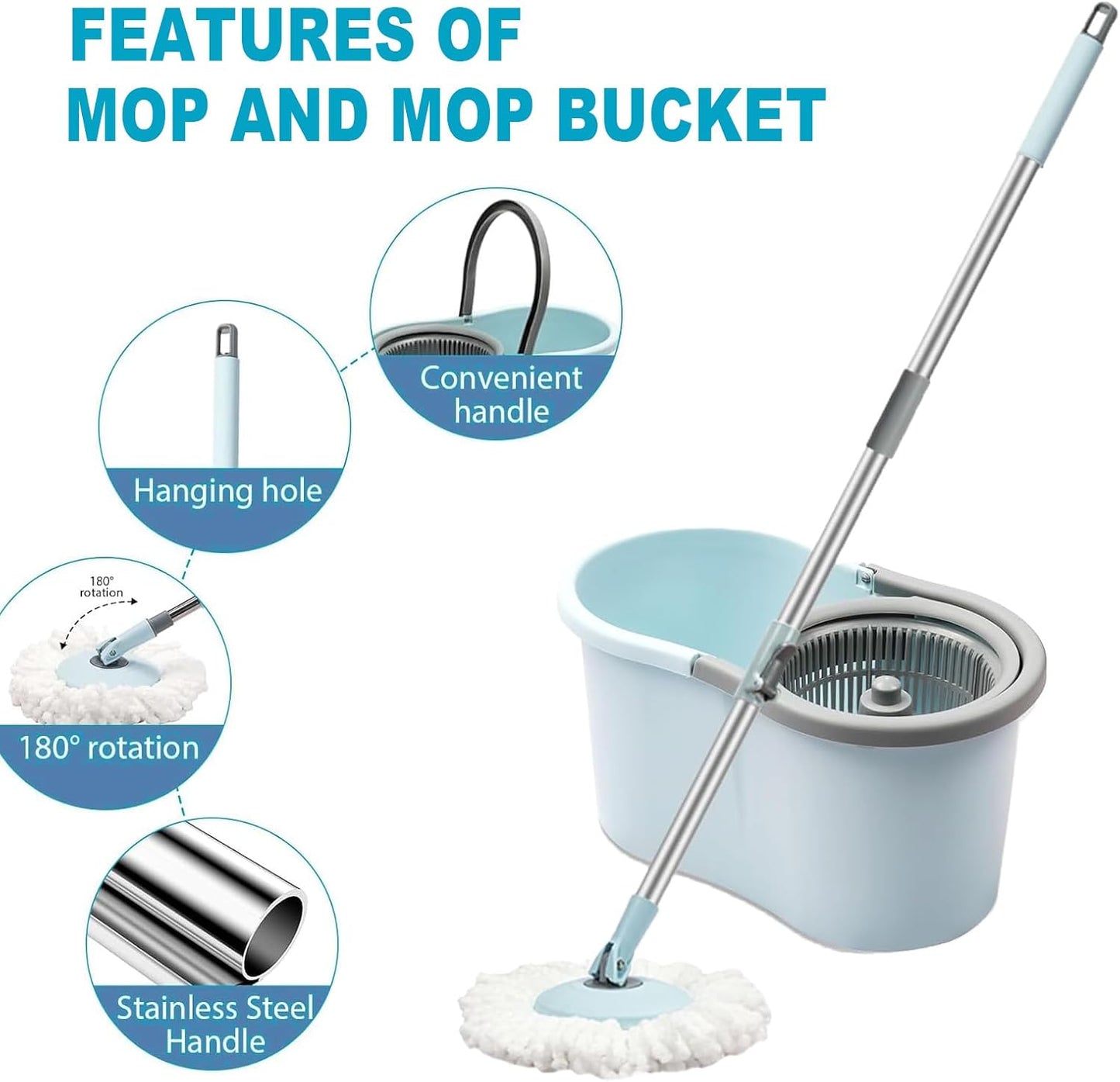 Spin Mop and Bucket with Wringer Set,for Floor Cleaning,with Floor Scrub Brush,61" Adjustable Handle and 6 Microfiber Mop Head(White)