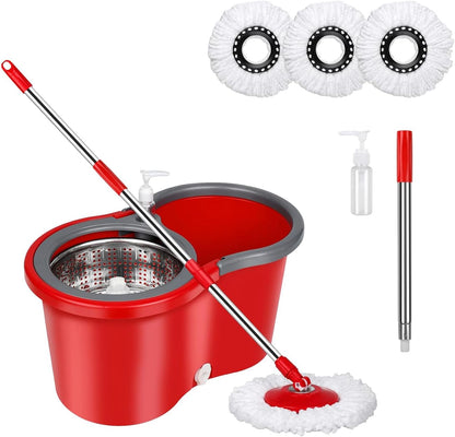 Spin Mop and Bucket with Wringer Set,for Floor Cleaning,with Floor Scrub Brush,61" Adjustable Handle and 6 Microfiber Mop Head(White)