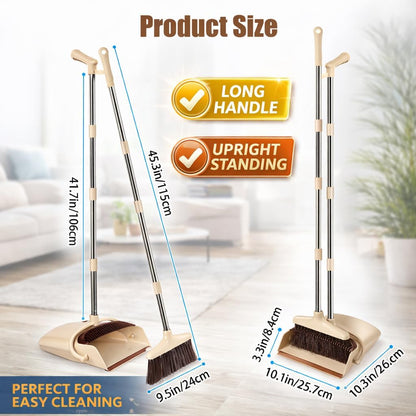 Broom and Dustpan Set with Long Handle, Upright Standing Self-Cleaning Combo, Windproof Dustpan with 6 Bonus Cleaning Tools for Pet Hair, Home, Kitchen, Garage & Apartment