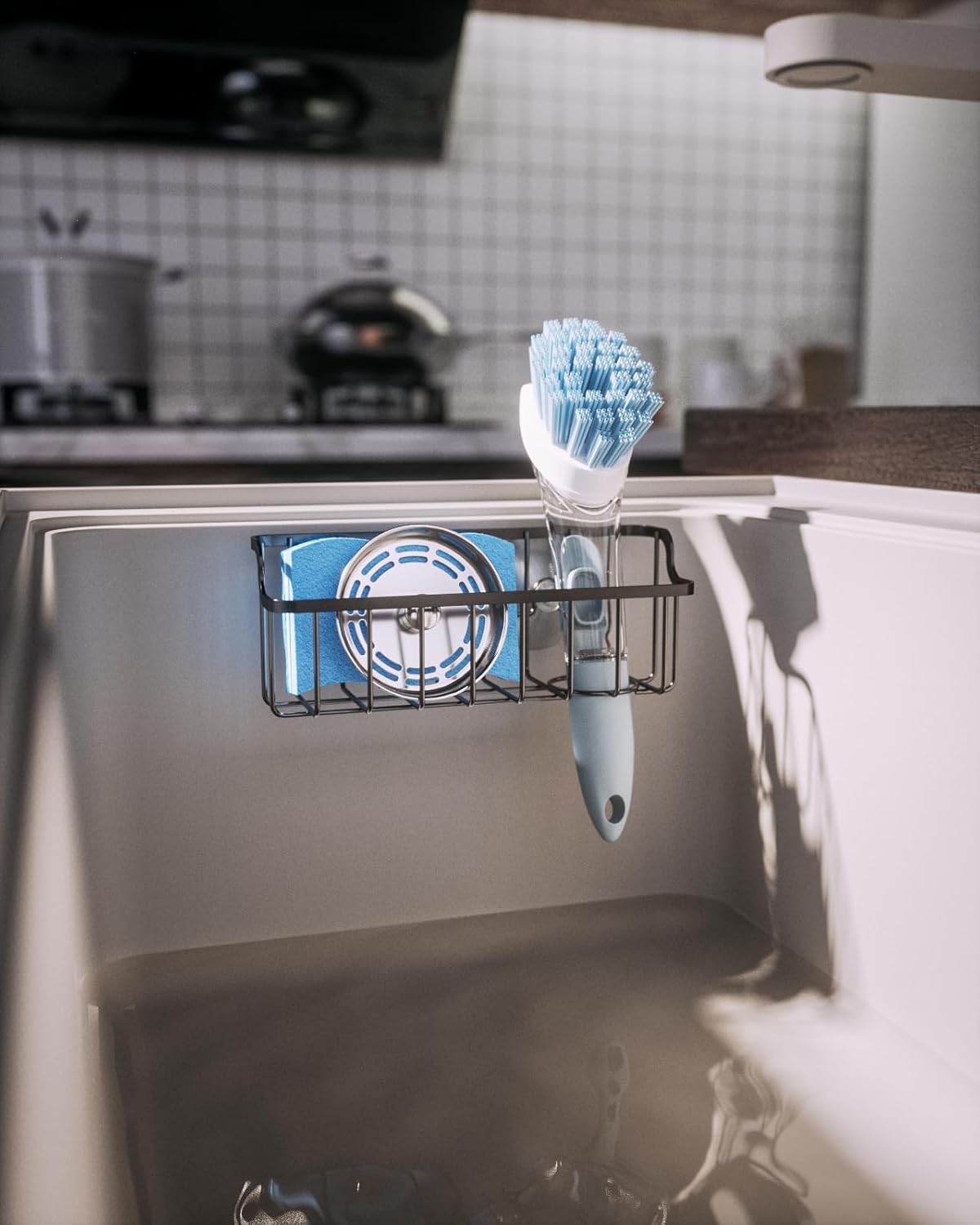 Consumest Sponge Holder Sink Caddy - Ladder Shaped Sponge Holder for Kitchen Sink with 2 Installation Ways (Suction Cups & Adhesive Hook), Rustproof Stainless Steel Kitchen Organizer, Silver