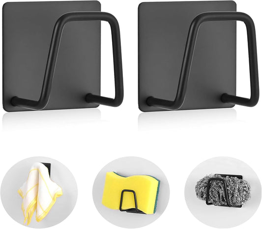 Adhesive Sponge Holder for Kitchen Sink, SUS304 Stainless Steel Scrubber Hanger Sink Caddy Accessories Storage Drain Rack Stand for Scratch Scrub Dishcloth Dishrag Steel Wool Strainer Stopper