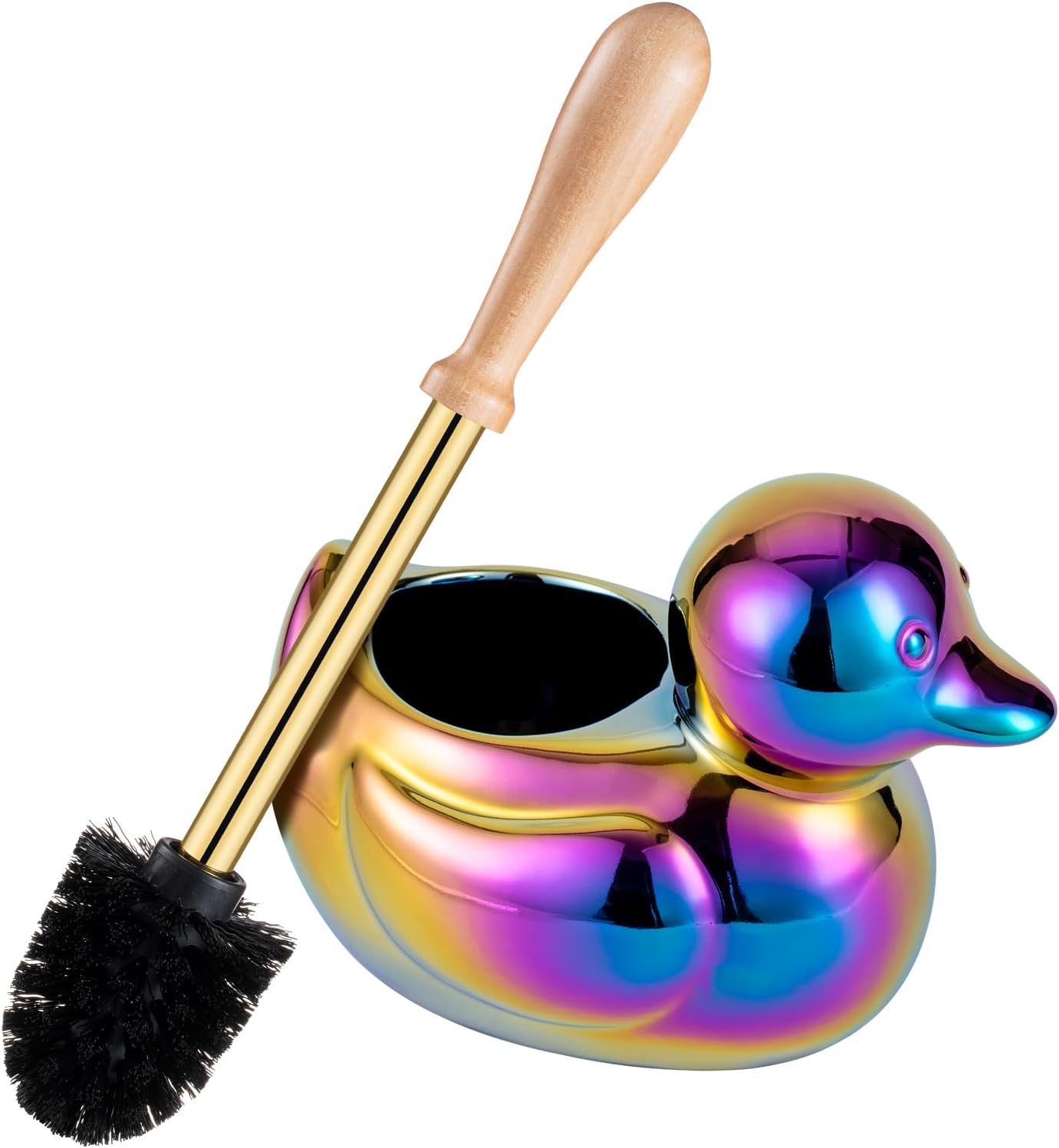 Duck Toilet Brush and Holder Set - Ceramic Bathroom Toilet Scrubber Brush Organizer with Wooden & Stainless SteelHandle, Gold Toilet Brush & Cute Duck Design for Bath Decor Storage