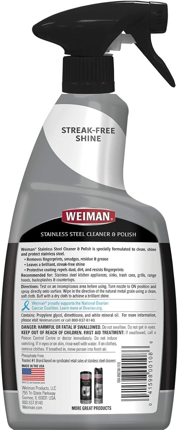 Weiman Stainless Steel Cleaner and Polish - Streak-Free Shine for Refrigerators, Dishwasher, Sinks, Range Hoods and BBQ grills, 22 Fl Oz