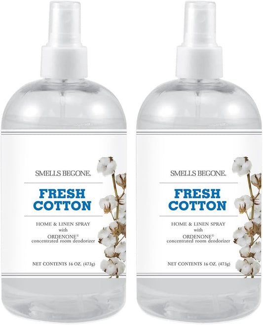 SMELLS BEGONE Air Freshener Home & Linen Spray - 16 oz, Pack of 2 - Odor Eliminator - Made with Essential Oils (Fresh Cotton)