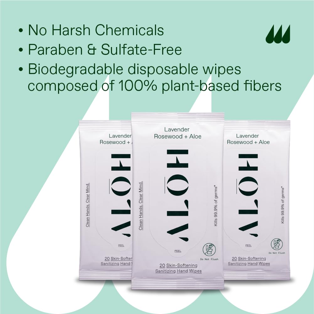 ALŌH Peppermint Eucalyptus + Aloe Sanitizing Hand Wipes - Clean Hands, Clear Mind On The Go Sanitizer for Kids and Adults - Travel Size 3 Pack 20ct Wipes (60 Wipes)
