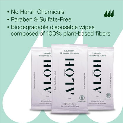 ALŌH Peppermint Eucalyptus + Aloe Sanitizing Hand Wipes - Clean Hands, Clear Mind On The Go Sanitizer for Kids and Adults - Travel Size 3 Pack 20ct Wipes (60 Wipes)