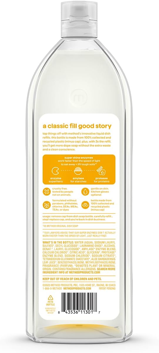 Method Super Shine Liquid Dish Soap Refill, Powered by Enzymes, Free + Clear, Unscented, 48 fl oz