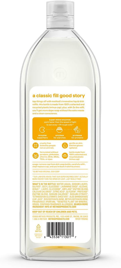 Method Super Shine Liquid Dish Soap Refill, Powered by Enzymes, Free + Clear, Unscented, 48 fl oz