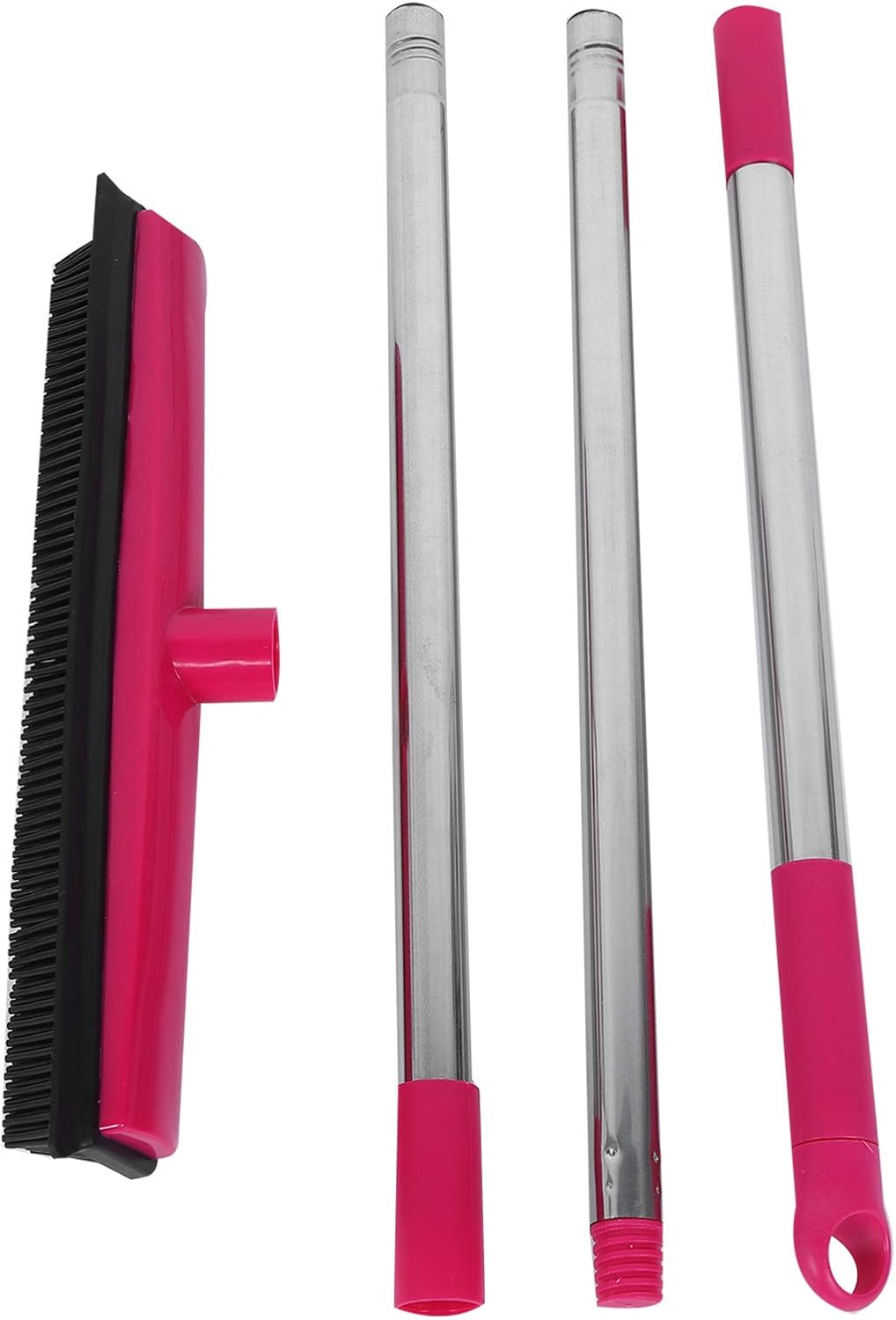 Telescopic Rubber Broom with Squeegee, Multifunction Adjustable Pet Hair Removal Carpet Rake for Fluff Rug Hardwood Floor (Black)