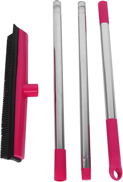 Telescopic Rubber Broom with Squeegee, Multifunction Adjustable Pet Hair Removal Carpet Rake for Fluff Rug Hardwood Floor (Black)