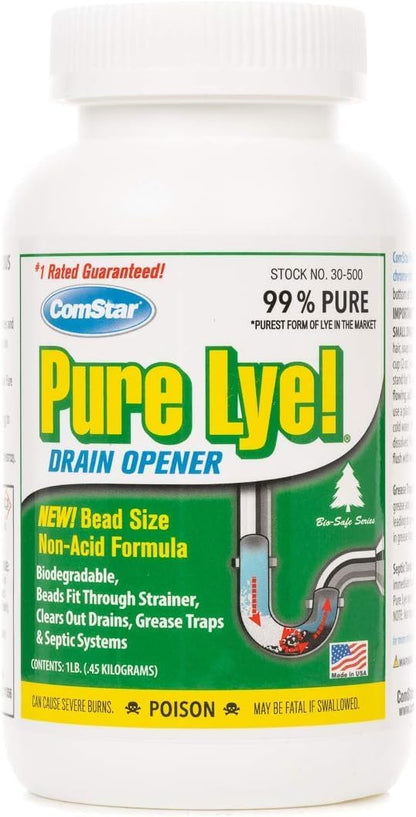 Pure Lye 1 lb - Unique Sodium Hydroxide Beads | Drain Opener & Soap Making | Biodegradable, Eco-Friendly (30-500)