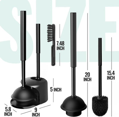 2 Pack 4 in 1 Toilet Brush and Plunger Set with Crevice Cleaning Brush, Toilet Plunger and Brush Set with Extra Long Handle, Plungers for Bathroom Accessories, Toilet Plunger with Holder, Black, Pack