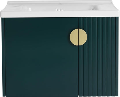 SSLine Modern 24-Inch Bathroom Vanity with Sink Wall Mounted Bathroom Vanity with Top Basin & Storage Cabinet White Wood Floating Vanity w/Ceramic Sink & Gold/Black Handles for Small Space