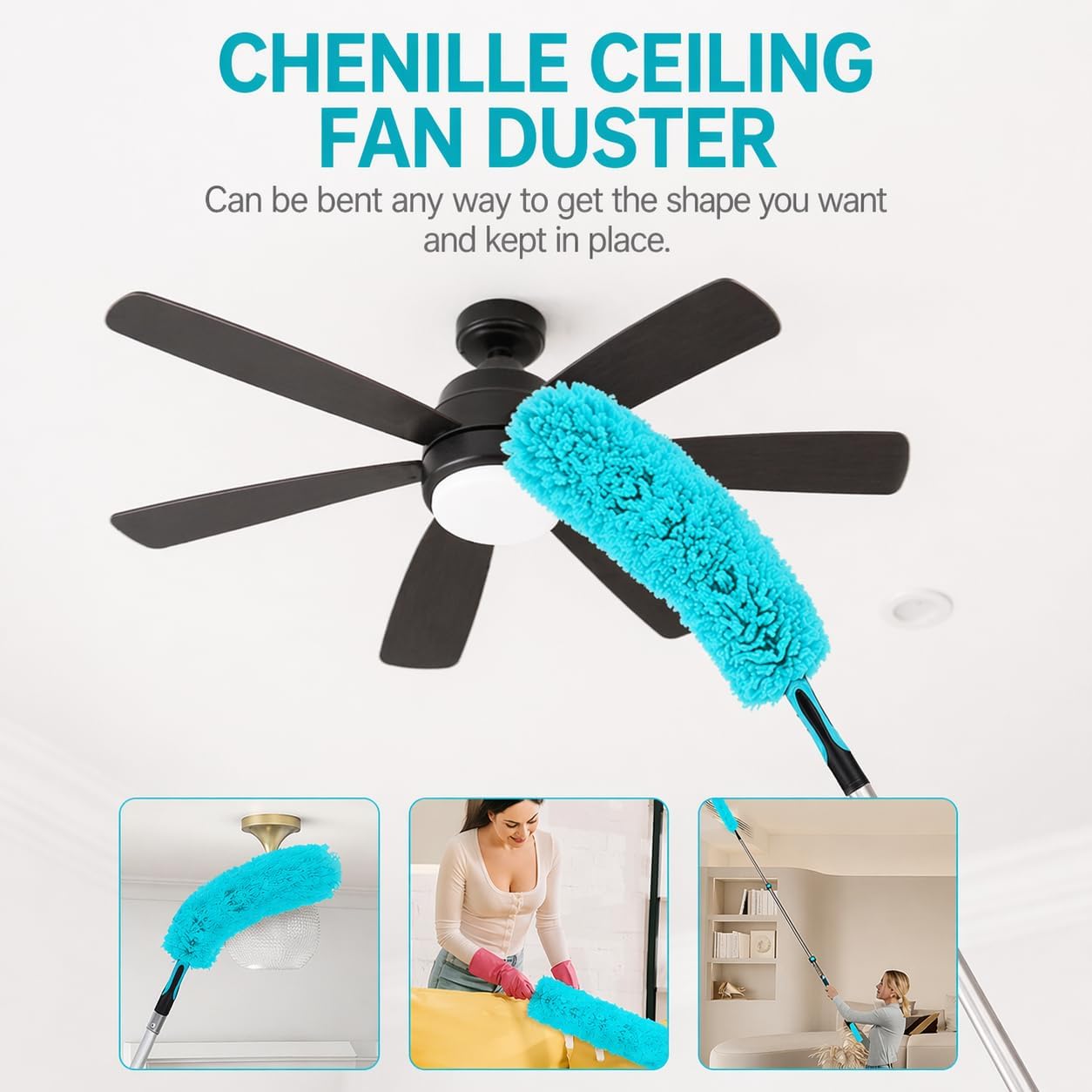 High Ceiling Duster Kit with 3-8FT Heavy Duty Extension Pole, Reaches Up to 13FT, Includes Microfiber Feather Duster, Cobweb and Ceiling Fan Duster, Window Squeegee Cleaner & Skylight Hook (8FT)