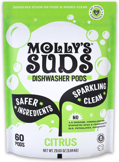 Molly's Suds Dishwasher Powder | Clean Dishwasher Detergent, Cuts Grease & Rinses Clean (Residue-Free) for Sparkling Dishes | 60 Loads (Unscented)