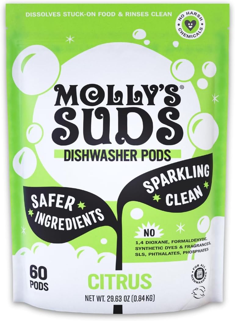 Molly's Suds Dishwasher Pods | Clean Dishwasher Detergent, Cuts Grease & Rinses Clean (Residue-Free) for Sparkling Dishes | 120 Auto-Release Tabs (Citrus)