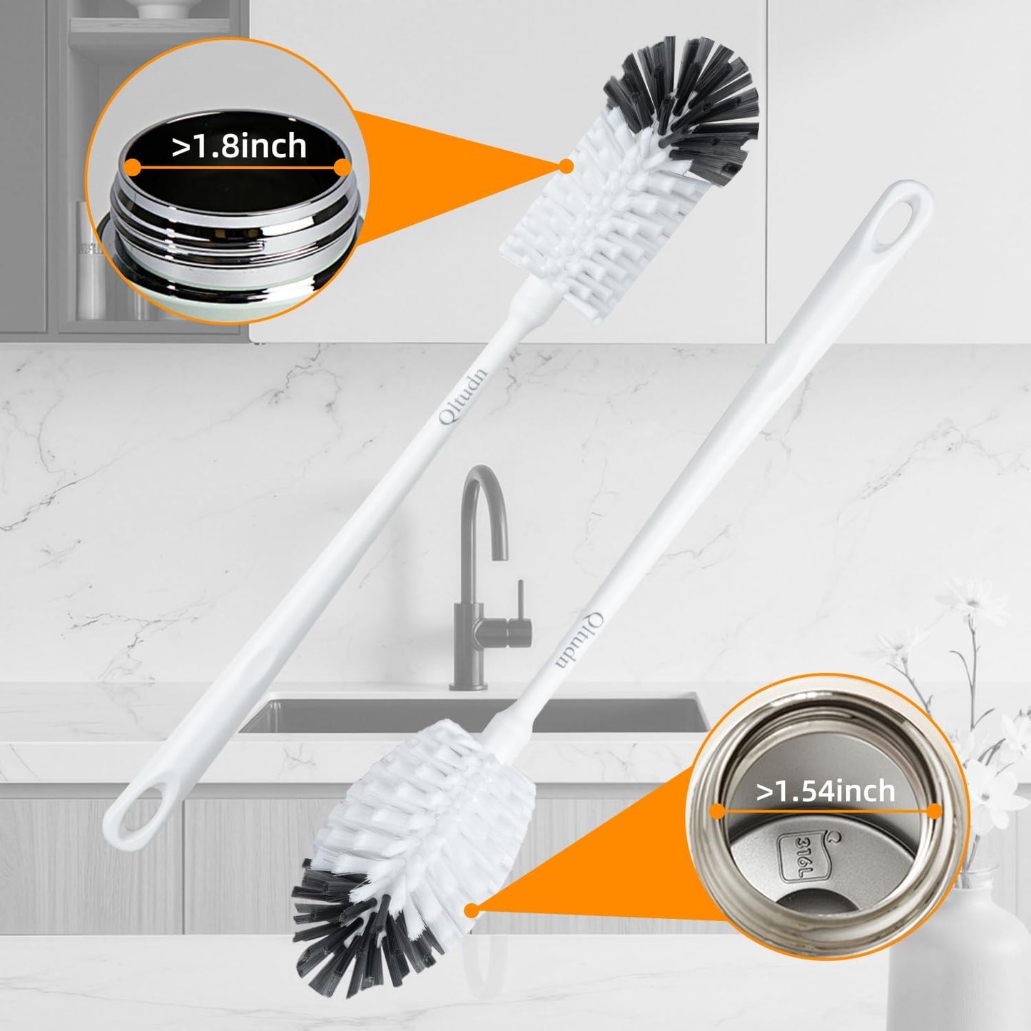 2 Pack 14 Inch Bottle Brush & 12 Inch Straw Brush Cleaner Set - Heavy Duty Kitchen Bottle Brushes for Cleaning Water Bottles, Mugs, Sippy Cups & Tumblers, Lab Use (Large)
