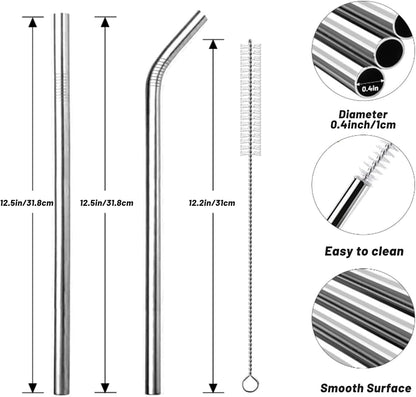 VEHHE Metal Straw Stainless Steel Straws Drinking Reusable Straws 4 Set -10.5" Ultra Long Rainbow Color-Cleaning Brush for 20/30 Oz for Yeti RTIC SIC Ozark Trail Tumblers (2 Straight|2 Bent|1 Brush)