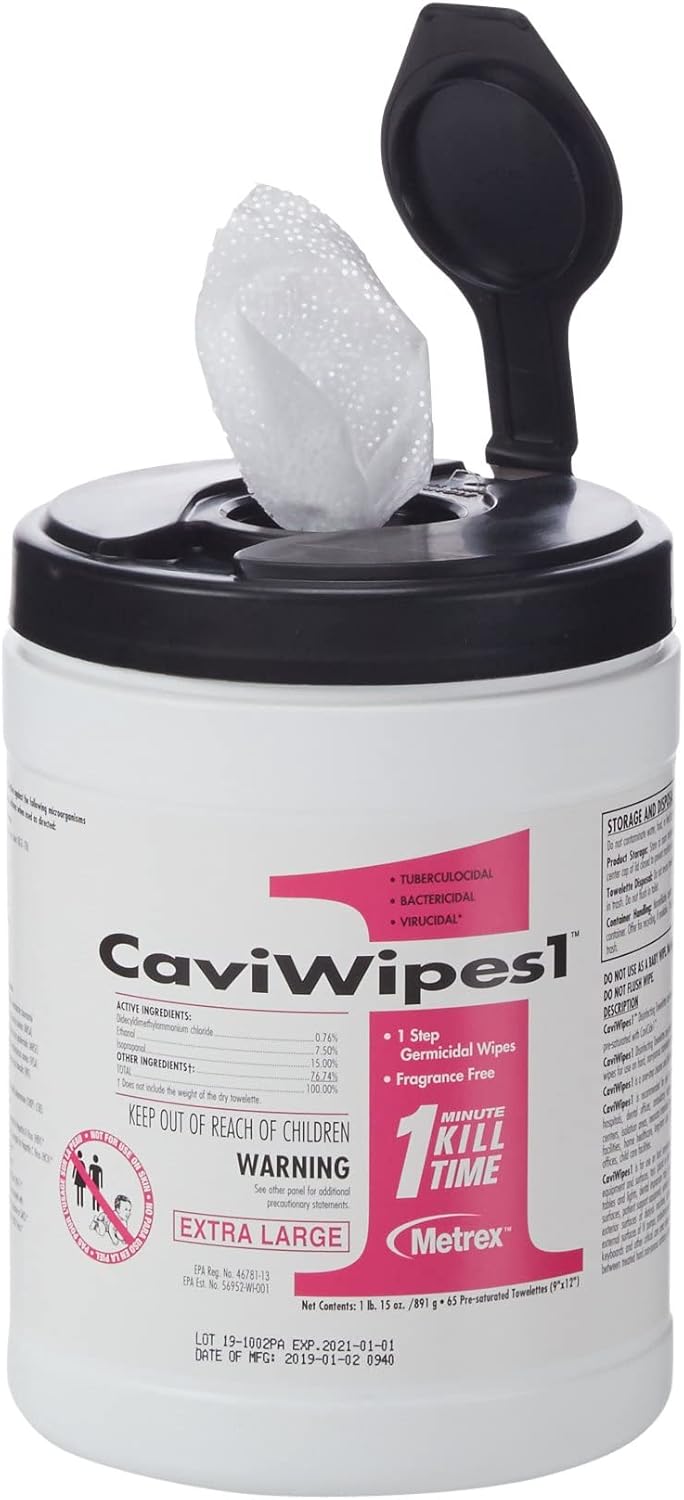 Metrex CaviWipes1 XL Surface Disinfectant Towelettes – Durable Non-Woven Disinfecting Wipes for Hard, Non-Porous Surfaces, Pre-Saturated with CaviCide1 – 9" x 12", 65 Wipes per Canister (Pack of 1)