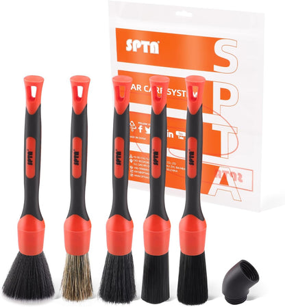 SPTA Car Detailing Brush Set, 5 Pack Soft Mixed Hair Auto Detail Brush Kit No Scratch for Automotive Elegant Surface Interior Exterior Dashboard Emblems Panels Engine Bay Wheels Air Vent Seat Leather