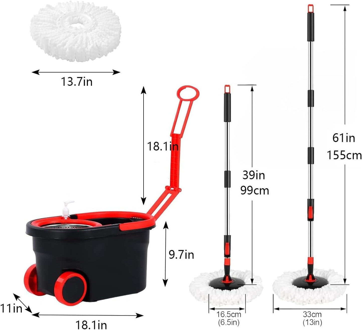 Spin Mop and Bucket with Wringer Set,for Floor Cleaning,with Floor Scrub Brush,61" Adjustable Handle and 6 Microfiber Mop Head(White)