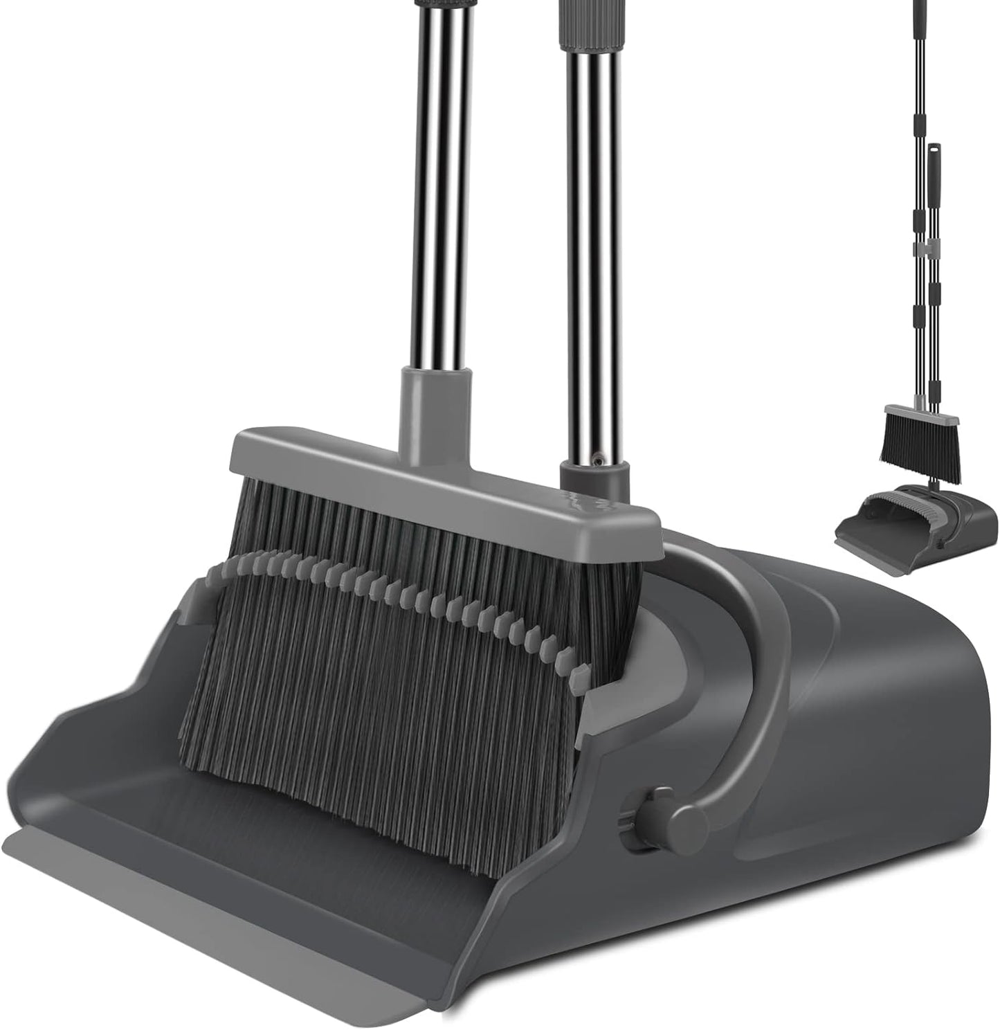 Upgrade Broom and Dustpan Set, Self-Cleaning with Dustpan Teeth, Indoor&Outdoor Sweeping, Ideal for Dog Cat Pets Home Use, Stand Up Broom and Dustpan (Gray&Orange)