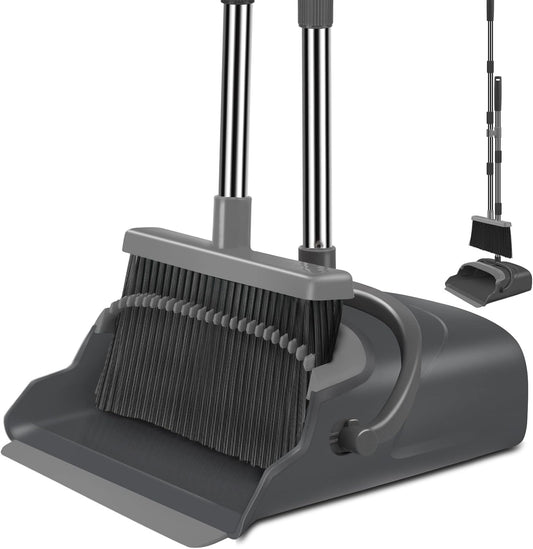 Upgrade Broom and Dustpan Set, Self-Cleaning with Dustpan Teeth, Indoor&Outdoor Sweeping, Ideal for Dog Cat Pets Home Use, Stand Up Broom and Dustpan (Gray&Orange)