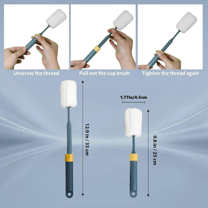 Sponge Bottle Brushes Adjustable Long Handle Up to 12.9” High Density Foam Bottle Brush Head Hanging Design with 4 Traceless Hooks– Bottle Brush Cleaner for Water Bottle & More (2 Pack)