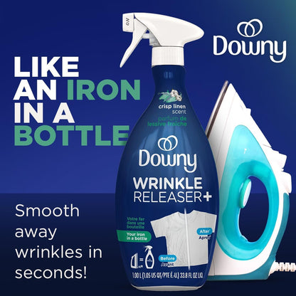 Downy Wrinkle Releaser Spray, All In One Formula, Removes Wrinkles, Static and Odor Eliminator, Crisp Linen Scent, 33.8 Fl Oz, Pack of 2 (Packaging May Vary)