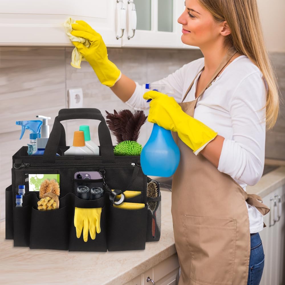 Qivine 17L Cleaning Caddy with Handle, Cleaning Supply Caddy Foldable Tool Bag Cleaning Products Organizers Portable Cleaning Bucket Organiser for Storing Towels(Blue)