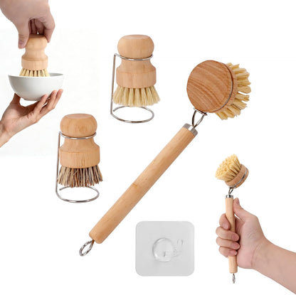 Bamboo Dish Brush Set, Natural Wooden Handle Dish Scrubber with 2PCS Mini Palm Brushes & Holders, Kitchen Brush with 1 Adhesive Hook for Pan Pots Dishes Vegetable