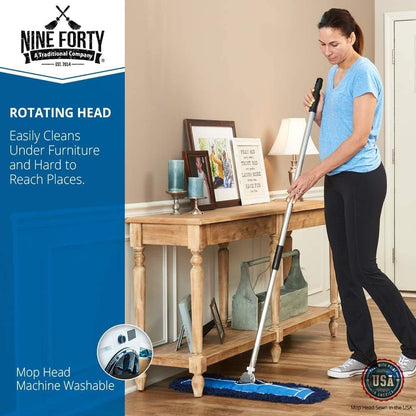 Nine Forty 24" Premium Nylon Dust Mop with Wood Handle - Heavy Duty Mop Head for Industrial, Commercial, and Residential Cleaning - Dry Floor Duster for Hardwood Surfaces and Commercial - Blue