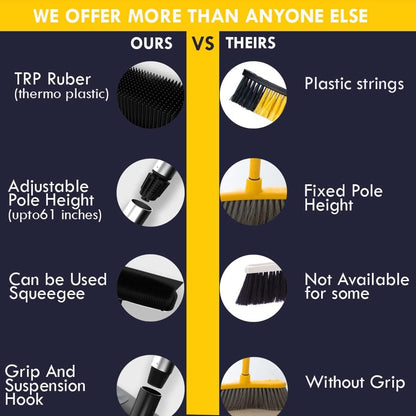 Rubber Bristle Broom and Rubber Squeegee Snap on Dustpan Set with Portable Push Broom Rug Squeegee and Extendable Telescoping Handle for Pet Hair Removal Home Office Fabric Carpet Floor Desk Black