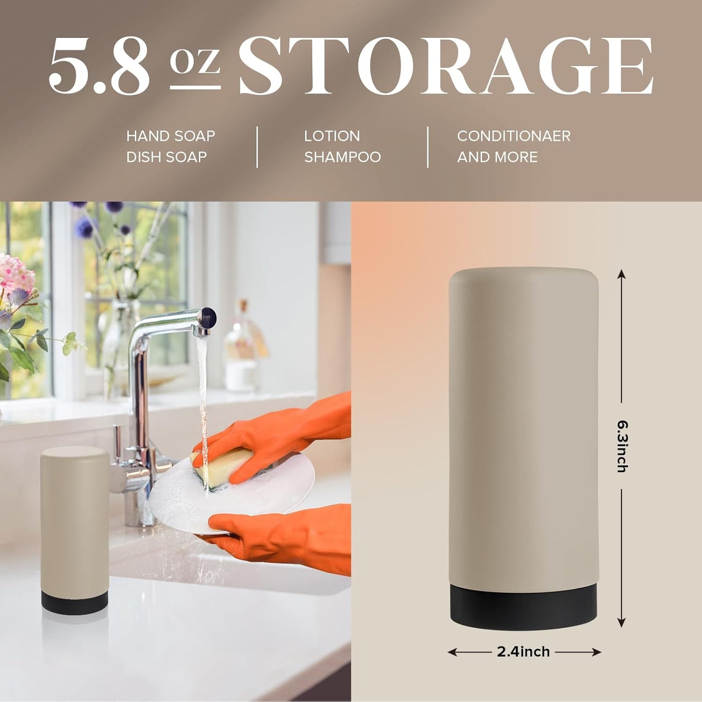ElmRidge Dish Soap Silicone Dispenser for Kitchen Sink,Squeeze Washing Up Liquid and Hand Soap,Round refillable Silicone Bottles,Easy to Fill and to use, 8.5 oz,Black 2.4 x 2.4 x 5.5 inches (Gray)