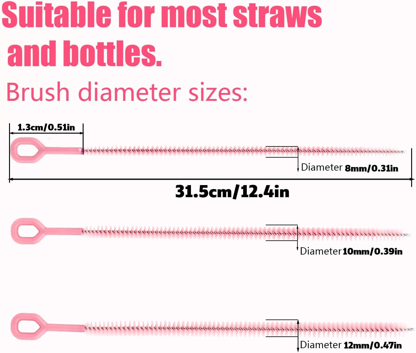 4pcs Straw Cleaner Brushes for Stanley, 12.4in Extra Long Full Bristles Replacement Coverage Reusable Straw Brush Cleaning Accessories for Water Bottles Glass Pipe Sippy Cup(0.31in+0.39in+0.47in)