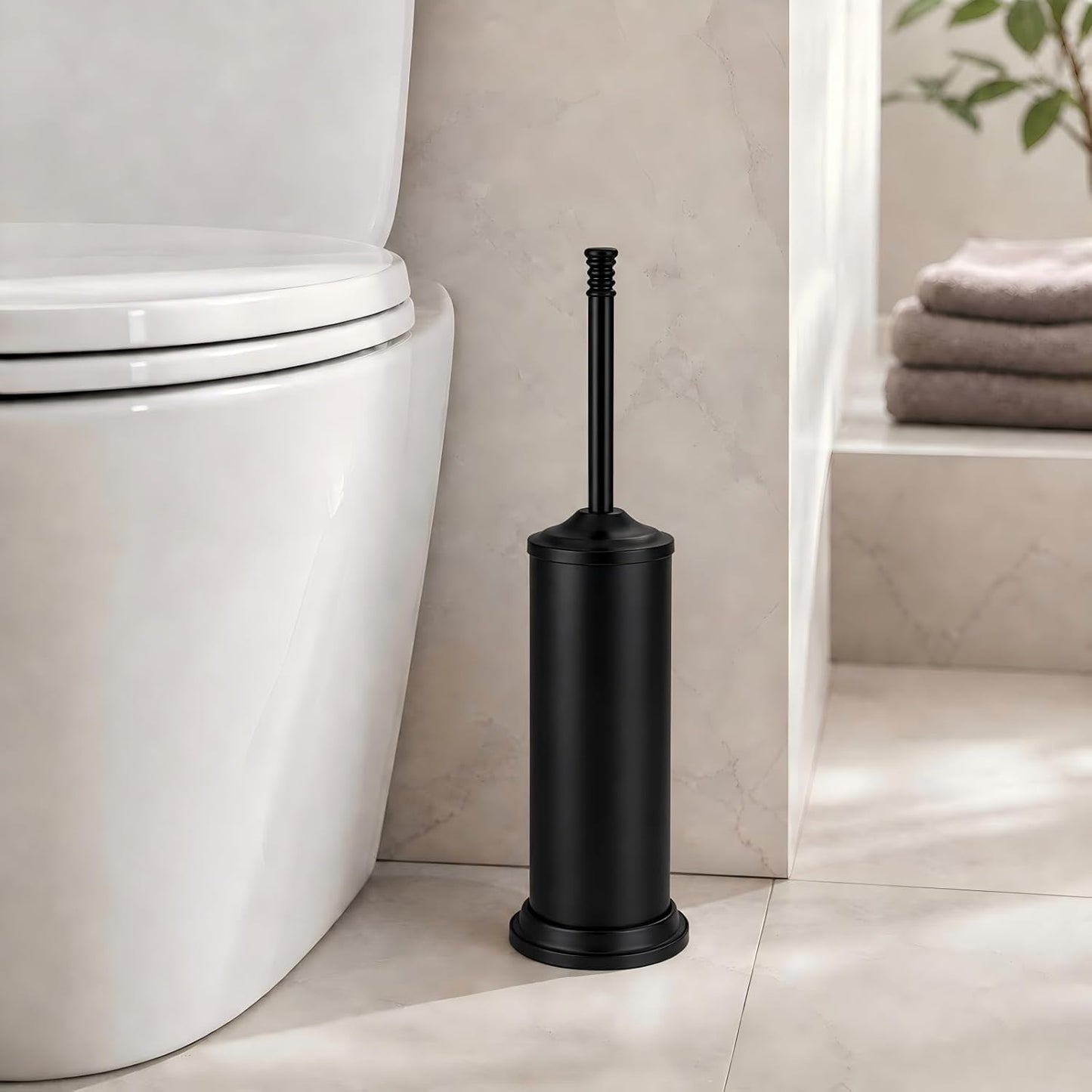 Black Toilet Brush and Holder Set，Extra Long Handled Toilet Bowl Brush and Holder，Stainless Steel Heavy Duty Toilet Brush for Bathroom,Deep Cleaning Modern Toilet Cleaner Slip Base