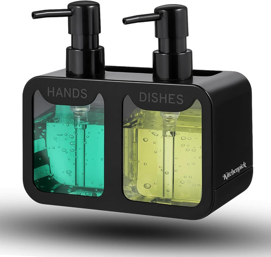 2-in-1 Kitchen Sink Liquid Dish Soap Dispenser Set for Hands and Dishes, Matte Black Dual Refillable Pump Bottle, with Sponge Caddy & Brush Holder, Countertop Organizer Gadget