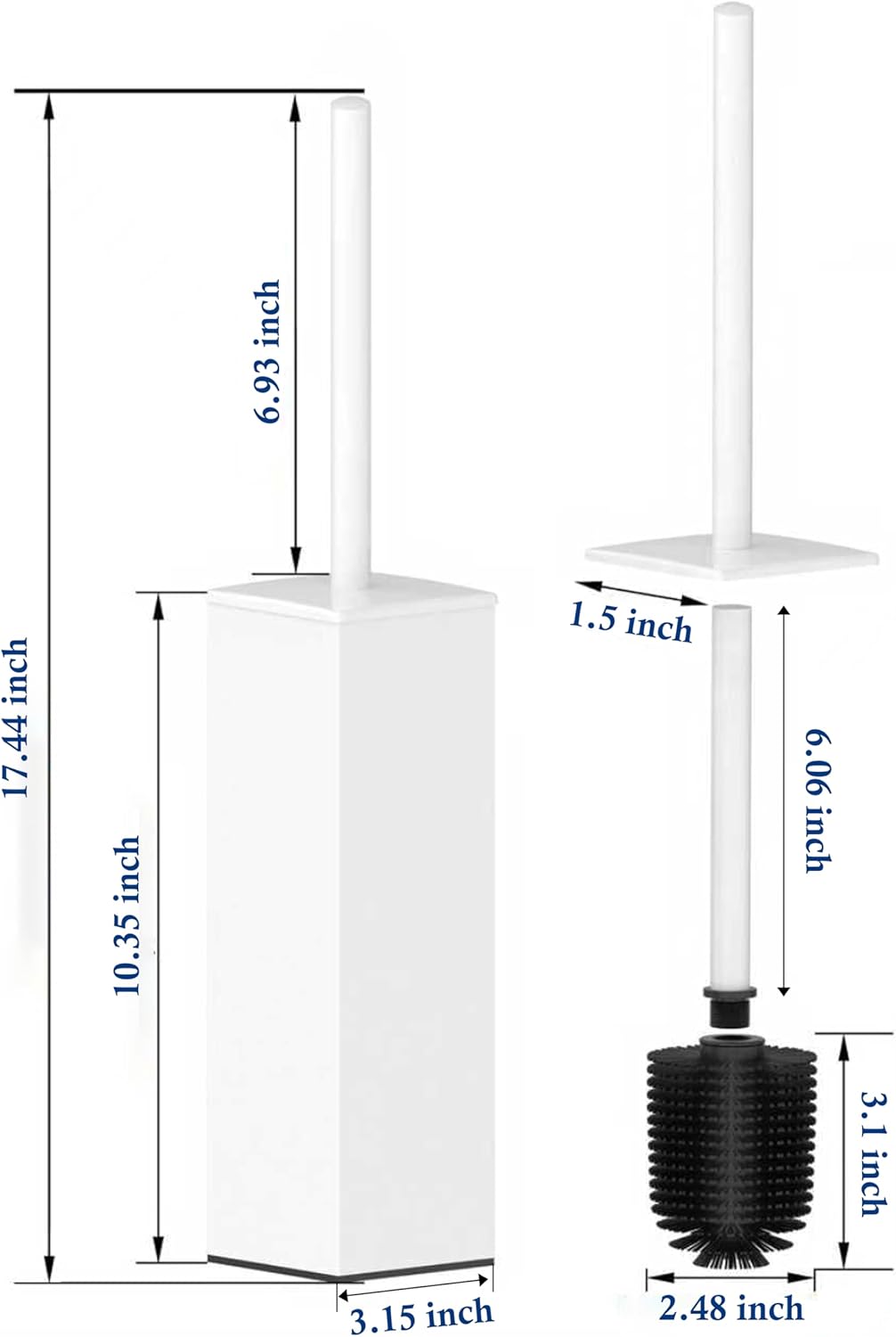 RUACQ Toilet Brush and Holder Set,Square Toilet Bowl Brush for Bathroom with 304 Stainless Steel Handle Toilet Cleaner Brush with Durable Scrubbing Bristles,Splash-Proof (White)