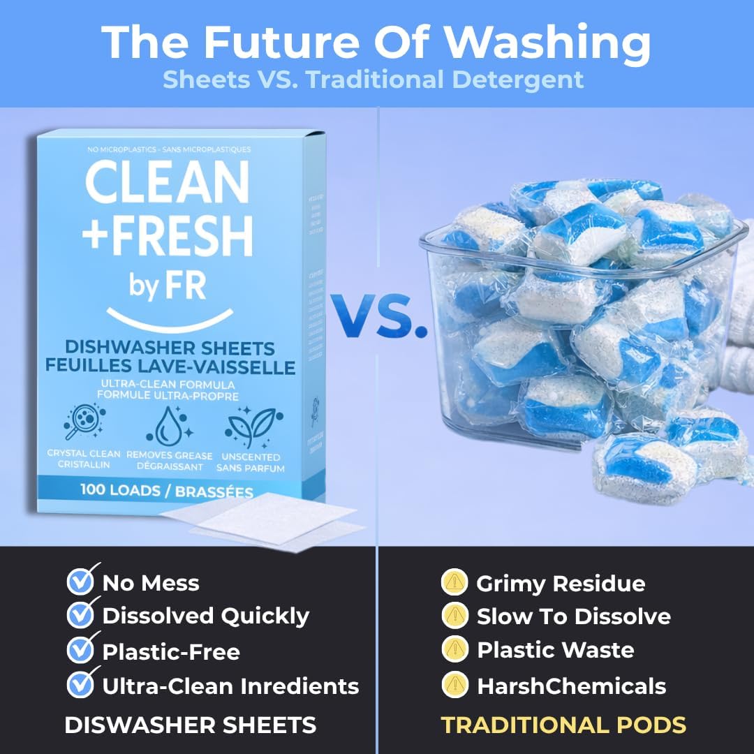 Dishwasher Detergent Sheets – Dishwasher Detergent Pods & Tabs Alternative – Clean + Fresh – 100 Loads – Ultra Concentrated, Quick Dissolve, Plastic-Free, Powerful Grease & Stain Removal, Unscented