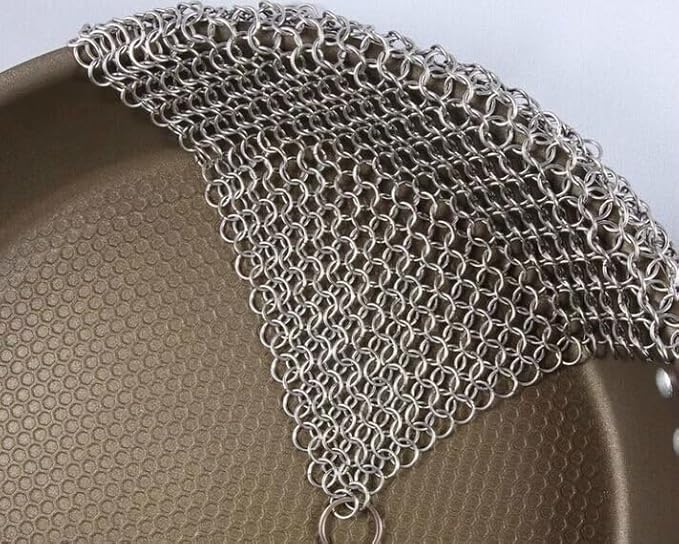 316 Stainless Steel Cast Iron Scrubber - 7 x 7 Inches Cleaner Chainmail Dish Scouring Pad for Dishwasher Cleaning - Chainmail Scrubber for cast Iron Pans Dutch Ovens Grills